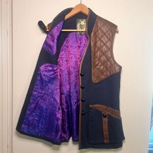 Upland Bespoke Womens Wool Shooting Vest Lambskin Leather Quilted Navy Brown LG